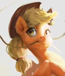 Size: 1439x1671 | Tagged: safe, artist:inkhooves, derpibooru import, applejack, earth pony, pony, bust, female, gray background, image, jpeg, lasso, mare, mouth hold, rope, simple background, solo