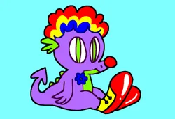 Size: 1316x900 | Tagged: safe, artist:msponies, derpibooru import, spike, dragon, clothes, clown, clown nose, clown shoes, clown wig, flower, g4, image, looking at you, male, ms paint, png, red nose, shoes, simple background, sitting, slit pupils, smiling, solo, spaded tail, tail, teal background, wig