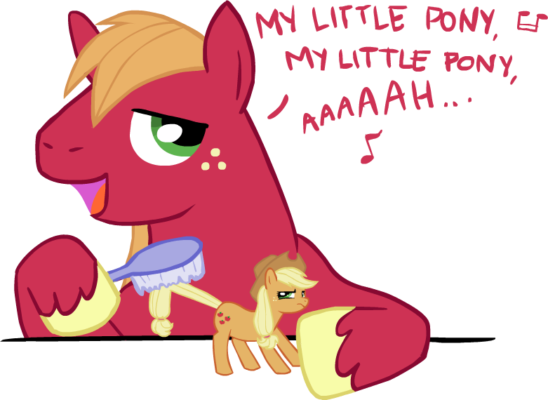 Size: 781x570 | Tagged: safe, artist:deerspit, artist:naroclie, derpibooru import, applejack, big macintosh, earth pony, pony, bridle gossip, brush, duo, female, image, macro, micro, music notes, png, simple background, singing, size difference, text, transparent background
