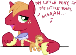 Size: 781x570 | Tagged: safe, artist:deerspit, artist:naroclie, derpibooru import, applejack, big macintosh, earth pony, pony, bridle gossip, brush, duo, female, image, macro, micro, music notes, png, simple background, singing, size difference, text, transparent background