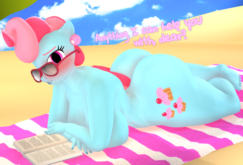 Size: 2331x1581 | Tagged: suggestive, artist:purplefondue, derpibooru import, cup cake, anthro, earth pony, plantigrade anthro, 3d, ass, beach, beach towel, big breasts, blushing, book, breasts, busty cup cake, butt, chubby, cup butt, dialogue, ear piercing, eyebrows, eyelashes, female, image, jewelry, large butt, looking at you, lying down, milf, nudity, piercing, png, prone, sand, solo, stupid sexy cup cake, sunglasses, tail, talking, towel, two toned hair, two toned tail