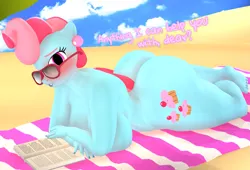 Size: 2331x1581 | Tagged: suggestive, artist:purplefondue, derpibooru import, cup cake, anthro, earth pony, plantigrade anthro, 3d, ass, beach, beach towel, big breasts, blushing, book, breasts, busty cup cake, butt, chubby, cup butt, dialogue, ear piercing, eyebrows, eyelashes, female, image, jewelry, large butt, looking at you, lying down, milf, nudity, piercing, png, prone, sand, solo, stupid sexy cup cake, sunglasses, tail, talking, towel, two toned hair, two toned tail