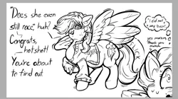Size: 1147x641 | Tagged: safe, artist:gabrielcoroum, derpibooru import, rainbow dash, oc, pegasus, pony, angry, annoyed, clothes, folded wings, image, jacket, large wings, looking sideways, monochrome, narrowed eyes, older, panic, plump, png, ponytail, simple background, smiling, spread wings, sweat, sweatdrop, tail, tail flick, tense, wide eyes, wings, wonderbolt badge
