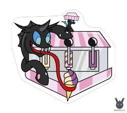 Size: 1112x994 | Tagged: safe, artist:wheatley r.h., derpibooru import, changeling, food, ice cream, ice cream cone, image, long tongue, open mouth, png, simple background, solo, tongue holding, tongue out, transparent background, vector, watermark