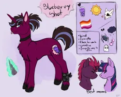 Size: 1872x1500 | Tagged: safe, artist:galaxylatte, derpibooru import, tempest shadow, twilight sparkle, oc, oc:blueberry shot, pegasus, pony, character, child, female, horn, image, lesbian, magical lesbian spawn, my little pony, offspring, parent:tempest shadow, parent:twilight sparkle, parents:tempestlight, png, purple body, purple hair, reference sheet, shipping, solo, tempestlight, tongue out