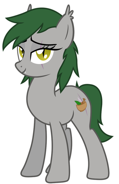 Size: 650x1000 | Tagged: artist needed, safe, derpibooru import, oc, oc:moss moon, unofficial characters only, bat pony, earth pony, wingless bat pony, cute, cute little fangs, ear fluff, eye scar, facial scar, fangs, green mane, green tail, image, looking at you, png, scar, simple background, solo, tail, three quarter view, transparent background, wingless