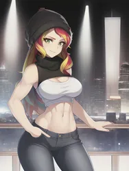 Size: 1020x1360 | Tagged: suggestive, derpibooru import, editor:sammykun, machine learning generated, stable diffusion, sunset shimmer, human, equestria girls, beanie, belly button, big breasts, boob window, breasts, busty sunset shimmer, city, cityscape, cleavage, clothes, criminal, denim, female, hand in pocket, hat, humanized, image, jeans, legs, lights, looking at you, midriff, night, pants, png, scarf, sexy, shirt, sleeveless, smiling, smiling at you, solo, solo female, sunset, tanktop