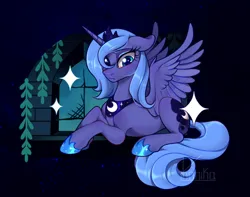 Size: 928x733 | Tagged: safe, artist:kanika-png, derpibooru import, princess luna, alicorn, pony, castle of the royal pony sisters, female, image, lying down, mare, png, prone, s1 luna, signature, solo, spread wings, wings