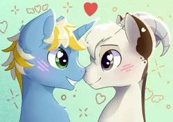 Size: 2829x2007 | Tagged: safe, artist:backgroundpony#f352, derpibooru import, oc, oc:hazel bloons, oc:sunny dawn, unofficial characters only, goat, pony, unicorn, abstract background, blushing, commission, cute, duo, duo male, eyes open, gay, gradient background, heart, heart eyes, horn, horns, image, male, nose to nose, png, signature, smiling, stallion, wingding eyes
