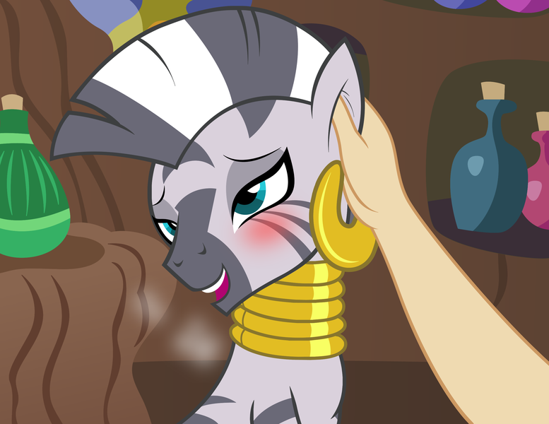 Size: 2562x1978 | Tagged: safe, artist:badumsquish, derpibooru import, zecora, pony, zebra, blushing, breath, content, cute, derpibooru exclusive, ear scratch, female, hand, happy, head tilt, human on zebra petting, image, mare, offscreen character, panting, png, pov, show accurate, sitting, solo, zecora's hut, zecorable