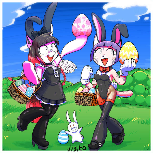 Size: 1280x1280 | Tagged: safe, artist:jisito, derpibooru import, oc, oc:arwencuack, oc:laura, anthro, cat, pegasus, rabbit, :3, animal, animal costume, bandaid, basket, boots, bow, bunny costume, bunny ears, bunny suit, clothes, costume, dress, easter, easter bunny, easter egg, happy, holiday, image, jpeg, latex, latex boots, latex stockings, leotard, looking at you, outdoors, raised arm, shoes, signature, smiling, smiling at you, stockings, thigh boots, thigh highs