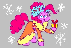 Size: 1316x900 | Tagged: safe, artist:msponies, derpibooru import, pinkie pie, spirit of hearth's warming presents, earth pony, pony, a hearth's warming tail, candy, candy cane, clothes, coat, female, food, g4, image, looking at you, mare, ms paint, open mouth, open smile, png, present, raised hoof, smiling, snow, snowflake, solo, tail