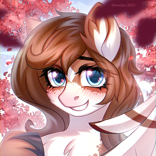 Size: 1500x1500 | Tagged: safe, artist:fenwaru, derpibooru import, oc, oc:mabel, blushing, bust, cherry blossoms, cute, flower, flower blossom, hooves, image, png, portrait, smiling, wings