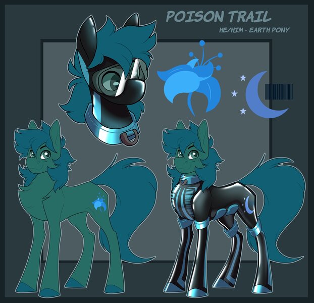 Size: 2048x1976 | Tagged: safe, artist:parrpitched, derpibooru import, oc, oc:poison trail, earth pony, pony, donut steel, fireheart76's latex suit design, image, jpeg, latex, latex suit, prisoners of the moon, reference sheet, rubber, rubber suit