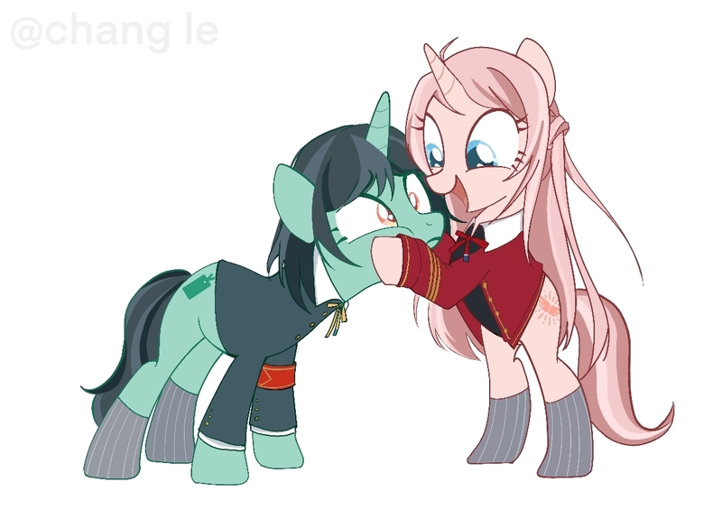 Size: 1169x826 | Tagged: safe, artist:chang le, artist:常乐, derpibooru import, ponified, pony, unicorn, clothed ponies, clothes, crossover, duo, hoof on cheek, image, jpeg, love live!, love live! nijigasaki school idol club, open mouth, open smile, shioriko mifune, shrunken pupils, simple background, smiling, white background, zhong lanshu