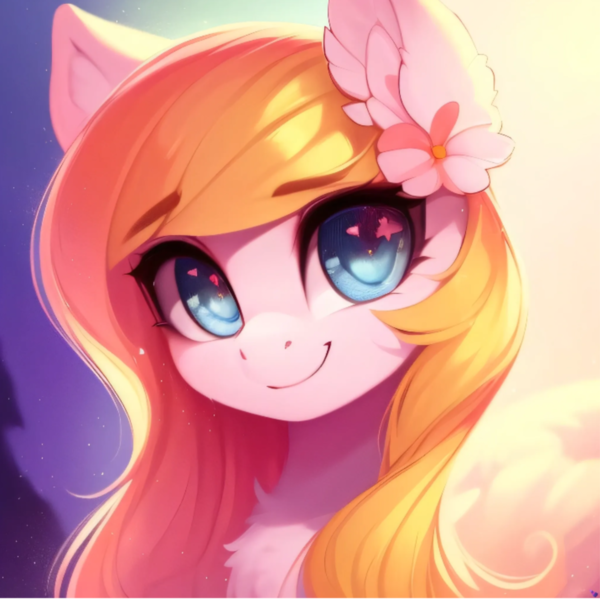 Size: 2048x2048 | Tagged: safe, derpibooru import, editor:be.yovrsxlf_, machine learning assisted, machine learning generated, purplesmart.ai, stable diffusion, oc, oc:sunny days, unofficial characters only, earth pony, pony, chest fluff, cute, ear fluff, eyebrows, female, flower, flower in hair, image, looking at you, ocbetes, png, smiling, smiling at you, solo, tree