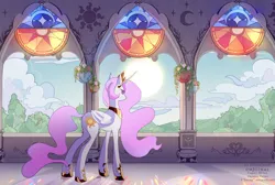 Size: 6100x4100 | Tagged: safe, artist:0ponchik0, derpibooru import, princess celestia, alicorn, pony, butt, castle of the royal pony sisters, ethereal mane, ethereal tail, female, flower, image, mare, pink-mane celestia, plot, png, signature, solo, stained glass window, sun, tail, younger