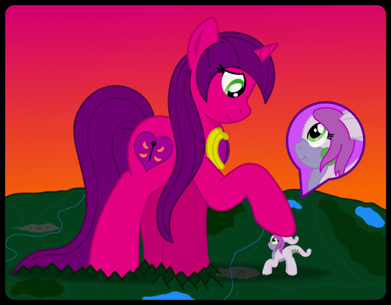Size: 1600x1246 | Tagged: safe, artist:speedy526745, derpibooru import, oc, oc:gabby, kaiju, kaiju pony, monster pony, pony, city, giant pony, giga giant, gradient background, green eyes, image, looking down, looking up, macro, macro/micro, mega giant, micro, petting, png, puffy cheeks, raised hoof, smiling
