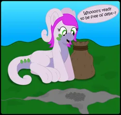 Size: 1600x1519 | Tagged: safe, artist:speedy526745, derpibooru import, oc, oc:gabby, pony, bad idea, bag, city, dialogue, giant pony, giga giant, gradient background, green eyes, happy, image, imminent inflation, imminent literal economic inflation, jpeg, looking down, macro, macro/micro, mega giant, micro, money bag, pink mane, scenery, sitting, smiling, underhoof