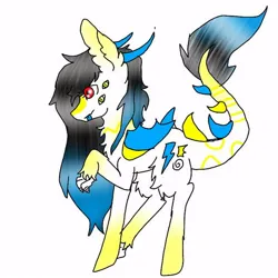 Size: 512x512 | Tagged: safe, derpibooru import, oc, dracony, dragon, hybrid, black mane, blue mane, blue wings, claws, cutie mark, female, gradient mane, horns, image, jpeg, red eyes, solo, wings, yellow wings