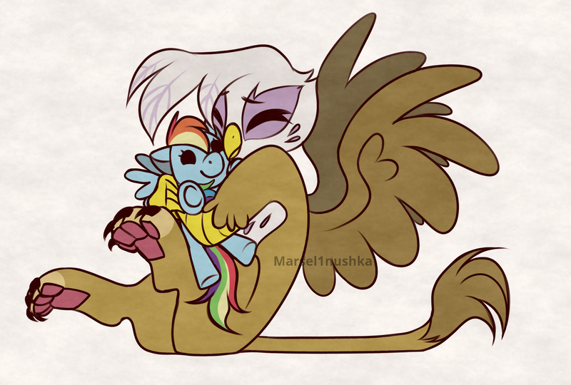 Size: 2143x1446 | Tagged: safe, artist:marsel1nushka, derpibooru import, gilda, rainbow dash, gryphon, cute, eyes closed, female, gildadorable, hug, image, paw pads, paws, pillow, pillow hug, plushie, png, signature, sitting, spread wings, toe beans, underpaw, wings