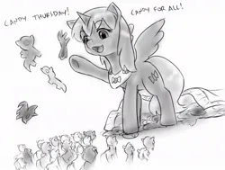 Size: 1027x777 | Tagged: safe, artist:alloyrabbit, derpibooru import, oc, alicorn, pony, alicorn oc, bag, candy, candy bag, crowd, cute, food, giant pony, happy, horn, image, jpeg, looking at someone, looking down, macro, macro/micro, micro, open mouth, simple background, smiling, tiny, tiny ponies, toss, white background, wings