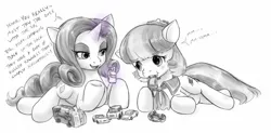 Size: 1277x626 | Tagged: safe, artist:alloyrabbit, derpibooru import, 4-speed, coco pommel, rarity, pony, bus, car, duo, eating, giant pony, glow, glowing horn, grayscale, horn, image, jpeg, levitation, looking at each other, looking at someone, macro, magic, micro, monochrome, mouth hold, object vore, pickup truck, suv, talking, telekinesis, toyota, truck, van