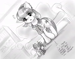 Size: 1004x795 | Tagged: safe, artist:alloyrabbit, derpibooru import, applejack, coco pommel, rarity, pony, blushing, bookshelf, cocobetes, couch, cute, dialogue, giant pony, image, jpeg, looking at someone, looking down, macro, macro/micro, micro, nervous, offscreen character, perspective, pov, rear view, shy, sweat, sweatdrop, tiny, tiny ponies
