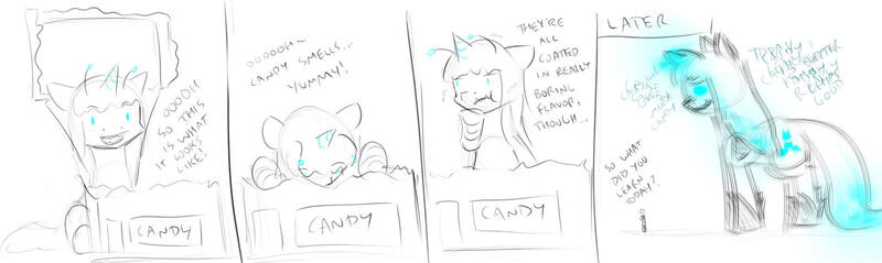 Size: 1627x486 | Tagged: safe, artist:alloyrabbit, derpibooru import, oc, oc:anon, human, bad idea, bag, blurry, candy, candy bag, comic, eating, food, glow, image, jpeg, macro, macro/micro, micro, oh no, simple background, smelling, white background