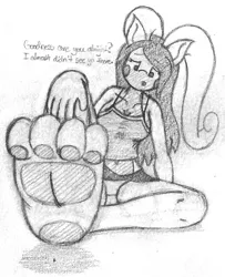 Size: 855x1054 | Tagged: suggestive, artist:speedy526745, derpibooru import, oc, oc:gabby, anthro, human, anthro oc, giga giant, grayscale, humanized, humanized oc, image, looking down, micro, monochrome, paw pads, paw socks, paws, pencil drawing, png, squished, stepped on, traditional art, worried