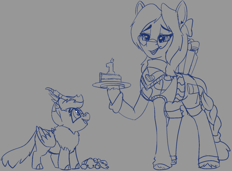 Size: 1628x1200 | Tagged: safe, artist:brainiac, derpibooru import, oc, oc:belle pepper, oc:gray star, hybrid, moogle, pony, aunt, birthday, brainiacs sketchbook (set), cake, cute, female, filly, final fantasy, foal, food, image, mog, pegakirin, pegasus kirin, plushie, png