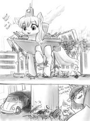 Size: 772x1034 | Tagged: safe, artist:alloyrabbit, derpibooru import, oc, oc:battleship, oc:destroyer, unofficial characters only, boatpony, pony, battleship ponies, beep beep, boat, bus, car, cheek fluff, comic, crush fetish, crushed, crushing, cute, destroyed, destruction, duo, ear fluff, facehoof, fetish, giant pony, grayscale, image, jpeg, looking down, macro, macro/micro, micro, monochrome, perspective, pun, volkswagen beetle