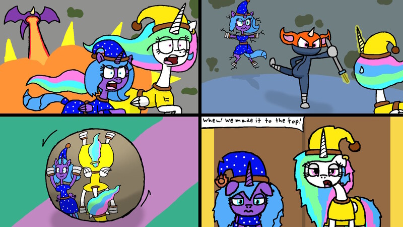Size: 1280x720 | Tagged: safe, derpibooru import, princess celestia, princess luna, alicorn, pony, comic:first three back, boulder, castle, clothes, comic, costume, crushed, digital art, female, fight, flattened, image, jpeg, monster, royal sisters, siblings, sisters, sword, video game, weapon