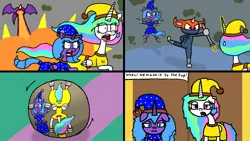 Size: 1280x720 | Tagged: safe, derpibooru import, princess celestia, princess luna, alicorn, pony, comic:first three back, boulder, castle, clothes, comic, costume, crushed, digital art, female, fight, flattened, image, jpeg, monster, royal sisters, siblings, sisters, sword, video game, weapon