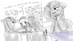 Size: 1187x673 | Tagged: safe, artist:alloyrabbit, derpibooru import, aloe, fluttershy, rainbow dash, bathtub, battleship, blushing, embarrassed, facehoof, fanning, feather, idea, image, jpeg, macro, macro/micro, micro, oblivious, simple background, thinking, water, white background