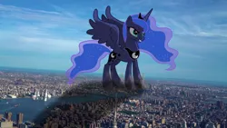Size: 852x480 | Tagged: artist needed, safe, artist:chapto, derpibooru import, princess luna, alicorn, pony, crown, destruction, dust, female, giant ponies in real life, giant pony, giantess, highrise ponies, image, irl, jewelry, macro, macro/micro, mare, micro, photo, png, ponies in real life, regalia, shadow, smiling, solo, solo female
