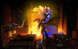 Size: 703x444 | Tagged: artist needed, safe, artist:huntergiantesses, derpibooru import, nightmare moon, alicorn, pony, angry, explosion, female, giant ponies in real life, giant pony, giantess, highrise ponies, image, macro, mare, michael bay, micro, photo, png, rearing, sikorsky uh-60 blackhawk, solo, uh-60 blackhawk