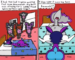 Size: 1000x800 | Tagged: suggestive, derpibooru import, oc, oc:aurori, oc:noctia, demon, sphinx, comic:tale of the two sisters, bed, belly, birth, butt, comic, deudeer, digital art, female, image, jpeg, non-mlp oc, plot, pregnant, siblings, sisters