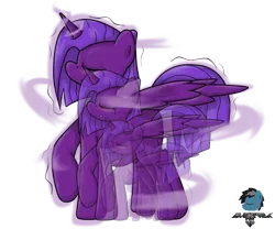 Size: 650x540 | Tagged: artist needed, safe, derpibooru import, oc, oc:princess sharp, unofficial characters only, alicorn, pony, alicorn oc, female, glow, glowing horn, growth, growth spell, horn, image, macro, magic, mare, png, purple coat, purple mane, simple background, solo, spread wings, transparent background, wings