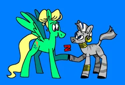 Size: 1316x900 | Tagged: safe, artist:msponies, derpibooru import, zecora, zephyr breeze, pegasus, pony, zebra, bff, blue background, duo, duo male and female, female, friends, g4, hoofbump, image, looking at each other, looking at someone, male, mare, ms paint, open mouth, open smile, png, raised tail, simple background, smiling, spread wings, stallion, tail, wings, z