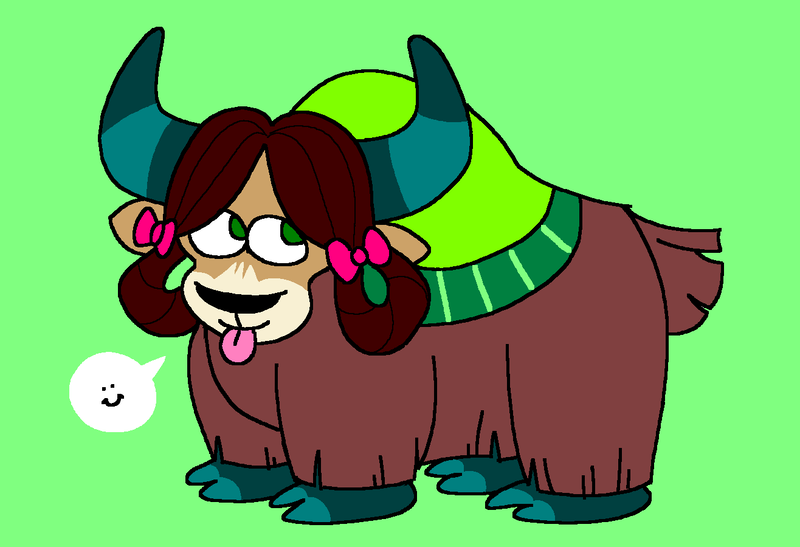Size: 1316x900 | Tagged: safe, artist:msponies, derpibooru import, yona, yak, :p, bow, cloven hooves, female, g4, green background, hair bow, horns, image, looking up, monkey swings, ms paint, png, requested art, simple background, smiley face, speech bubble, tail, tongue out