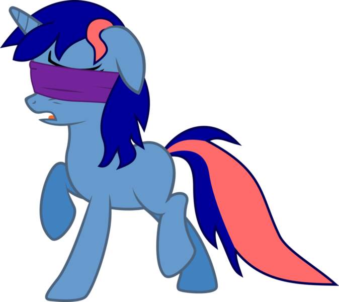 Size: 947x843 | Tagged: artist needed, safe, derpibooru import, oc, unofficial characters only, unicorn, base used, blank flank, blindfold, blue coat, blue mane, horn, image, missing cutie mark, no cutie marks because im lazy, open mouth, pink mane, pink tail, png, scared, solo, tail, two toned mane, two toned tail, unicorn oc, walking, worried