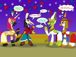 Size: 2800x2100 | Tagged: safe, artist:bsw421, derpibooru import, oc, oc:isis, oc:nephthys, oc:osiris, oc:seth, alicorn, classical hippogriff, hippogriff, original species, pegasus, pony, armband, beard, bracelet, brother and sister, clothes, coffin, egypt, egyptian, egyptian headdress, egyptian pony, facial hair, female, god, goddess, headdress, image, jewelry, loincloth, male, mythology, necklace, png, sarcophagus, siblings, skirt, speech bubble