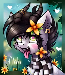 Size: 2200x2527 | Tagged: suggestive, artist:kruszynka25, derpibooru import, oc, oc:sound error, earth pony, ahegao, clothes, ear piercing, earth pony oc, female, flower, flower in hair, image, open mouth, piercing, png, scarf, tongue out