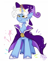 Size: 1074x1368 | Tagged: safe, artist:petaltwinkle, derpibooru import, oc, oc:clever cantrip, unofficial characters only, pony, unicorn, bread, cape, clothes, food, glow, glowing horn, hat, horn, image, jpeg, looking up, male, simple background, smiling, solo, stallion, unshorn fetlocks, white background, wizard hat, wizard robe