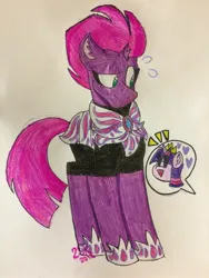 Size: 2448x3264 | Tagged: safe, artist:sugarkittycat04, derpibooru import, tempest shadow, twilight sparkle, twilight sparkle (alicorn), alicorn, pony, unicorn, armor, crown, eye scar, facial scar, female, image, jewelry, jpeg, mare, offscreen character, regalia, royal guard, scar, solo focus, speech bubble, sweat, tempest becomes a royal guard, traditional art