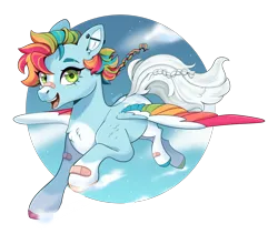 Size: 2500x2200 | Tagged: safe, artist:kraytt-05, derpibooru import, oc, oc:lucky charm, unofficial characters only, pegasus, pony, bandaid, colored wings, ear piercing, female, flying, freckles, image, mare, multicolored hair, multicolored wings, open mouth, open smile, piercing, png, rainbow hair, rainbow wings, simple background, smiling, solo, spread wings, transparent background, wings