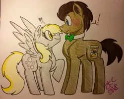 Size: 2889x2306 | Tagged: safe, artist:sugarkittycat04, derpibooru import, derpy hooves, doctor whooves, time turner, earth pony, pegasus, pony, blushing, bowtie, doctorderpy, duo, female, heart, image, jpeg, male, mare, raised hoof, shipping, stallion, straight, traditional art, wings