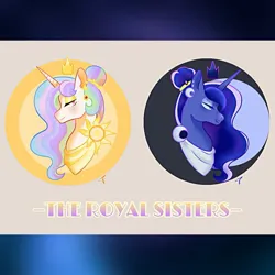 Size: 1125x1125 | Tagged: safe, artist:fourteennails, derpibooru import, princess celestia, princess luna, alicorn, pony, alternate hairstyle, bust, crown, duo, duo female, ear piercing, earring, female, floating crown, image, jewelry, jpeg, mare, piercing, regalia, royal sisters, siblings, sisters, text