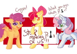 Size: 2480x1754 | Tagged: safe, artist:dankpegasista, derpibooru import, apple bloom, scootaloo, sweetie belle, earth pony, pegasus, pony, unicorn, angry, apple bloom is not amused, asking, bow, chest fluff, colored, confused, curls, cutie mark crusaders, derpibooru exclusive, ear fluff, female, filly, foal, full body, green eyes, hair bow, highlights, holding sign, horn, image, joke, kids, krita, lineart, looking at you, orange eyes, orange fur, out of frame, passepartout, pawn, pink hair, png, purple eyes, raised hoof, red background, scootaloo is not amused, side view, simple background, simple shading, small horn, small wings, spread wings, standing, standing on two hooves, text, three quarter view, trio, trio female, unamused, upset, white background, white fur, wings, yellow fur